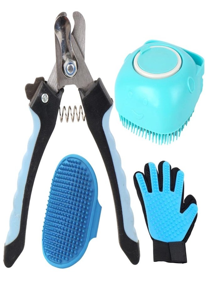 REGIIS Pet Grooming Kit with Professional Nail Clippers, Deshedding Glove, Dog Shampoo Brush, 4-Piece Set in Blue and Turquoise for Dogs and Cats, Includes Massage Brush and Grooming Tools - Image 1